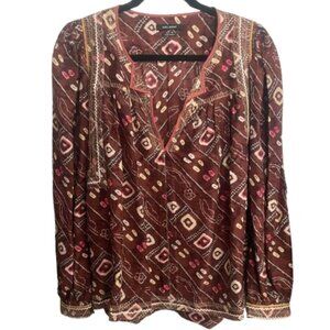 Isabel Marant, Silk, Brown, Patterned, Boho, Long Sleeve, Blouse L/M NWOT